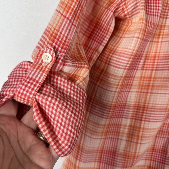 C&C California Blouse XS Button Front Roll Tab Orange Pink Plaid Lightweight NEW - Picture 4 of 11
